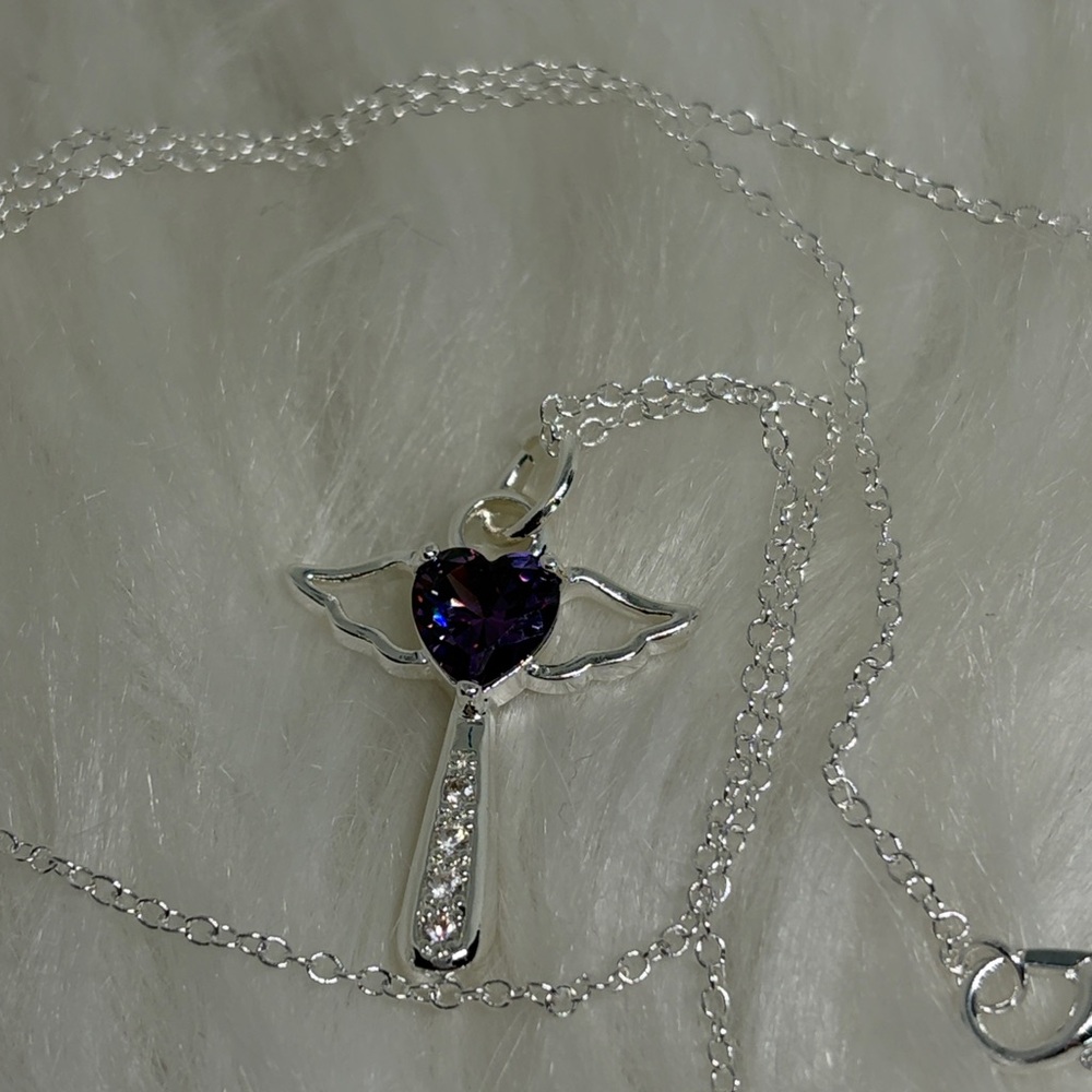 925 Sterling Silver Angel Necklace with Amethyst Heart | Guardian Angel Pendant